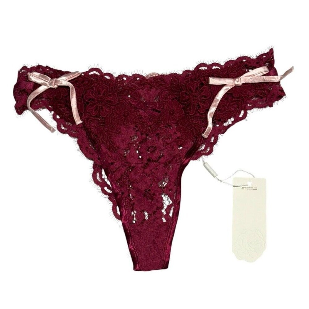 FOR LOVE & LEMONS Sz XXS Thong Noelle Lace High-Waist Panty Burgundy New NWT